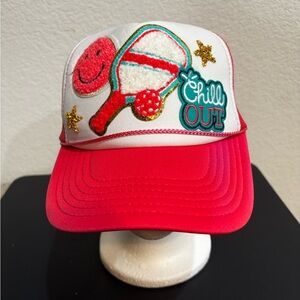 Pinkand White Trucker Hat with Embroidery Pickle Ball Girl.